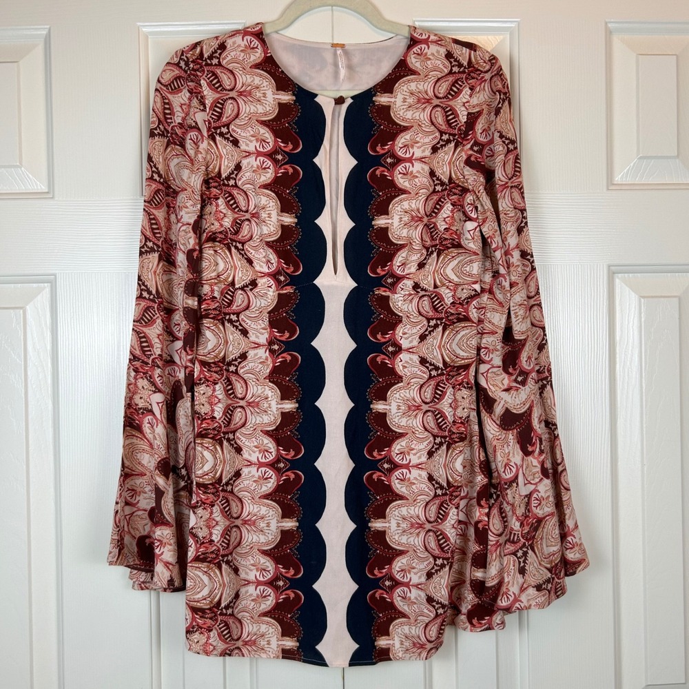 Free People Ossie Vibes Paisley Bell Sleeve Mini Tunic Dress